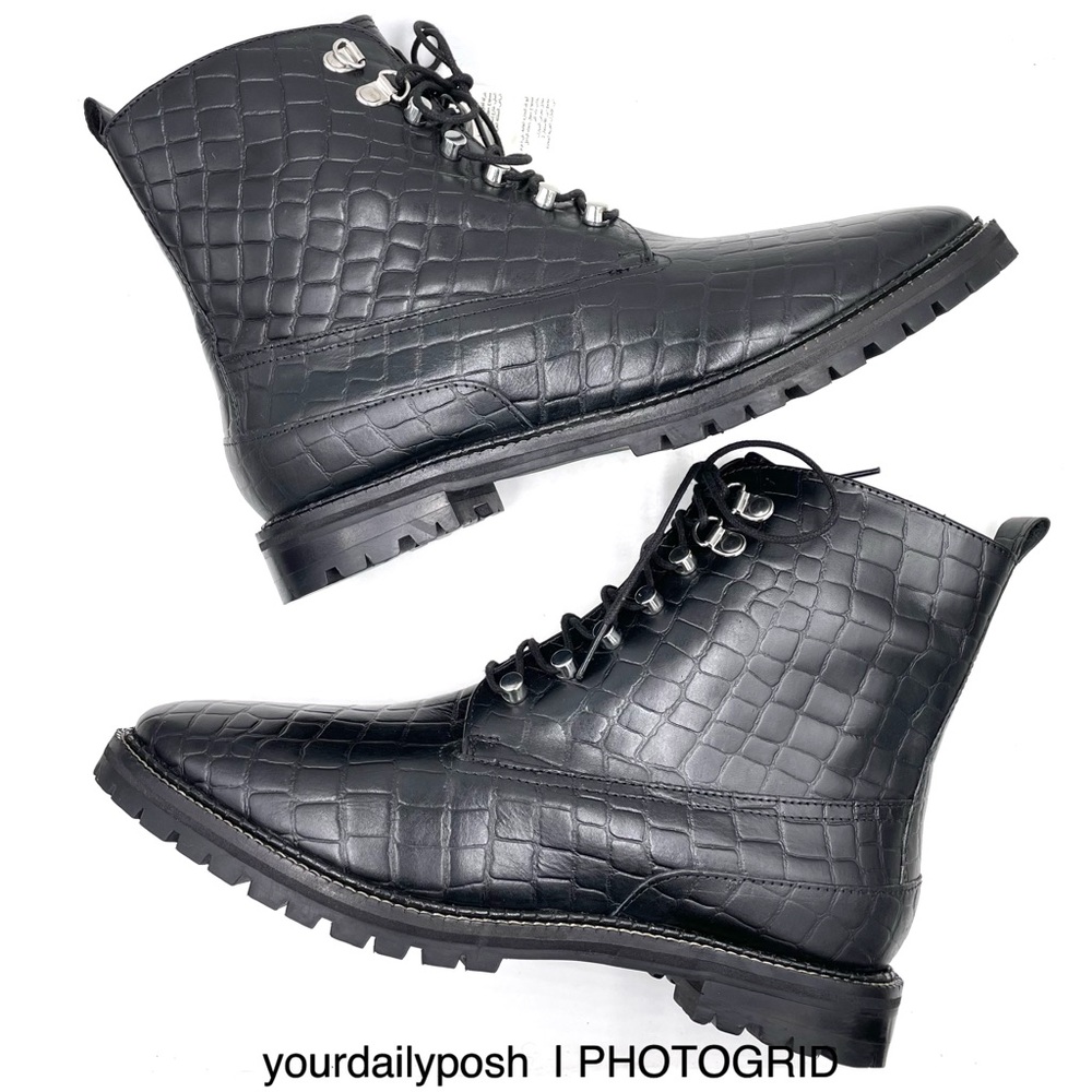 NWT Find. alligator embossed black leather lace-up boots EU 41